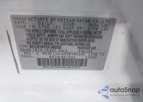 2017 Nissan Versa S/S Plus/Sv/Sl from USA, damaged, VIN 3N1CN7APXHL860203